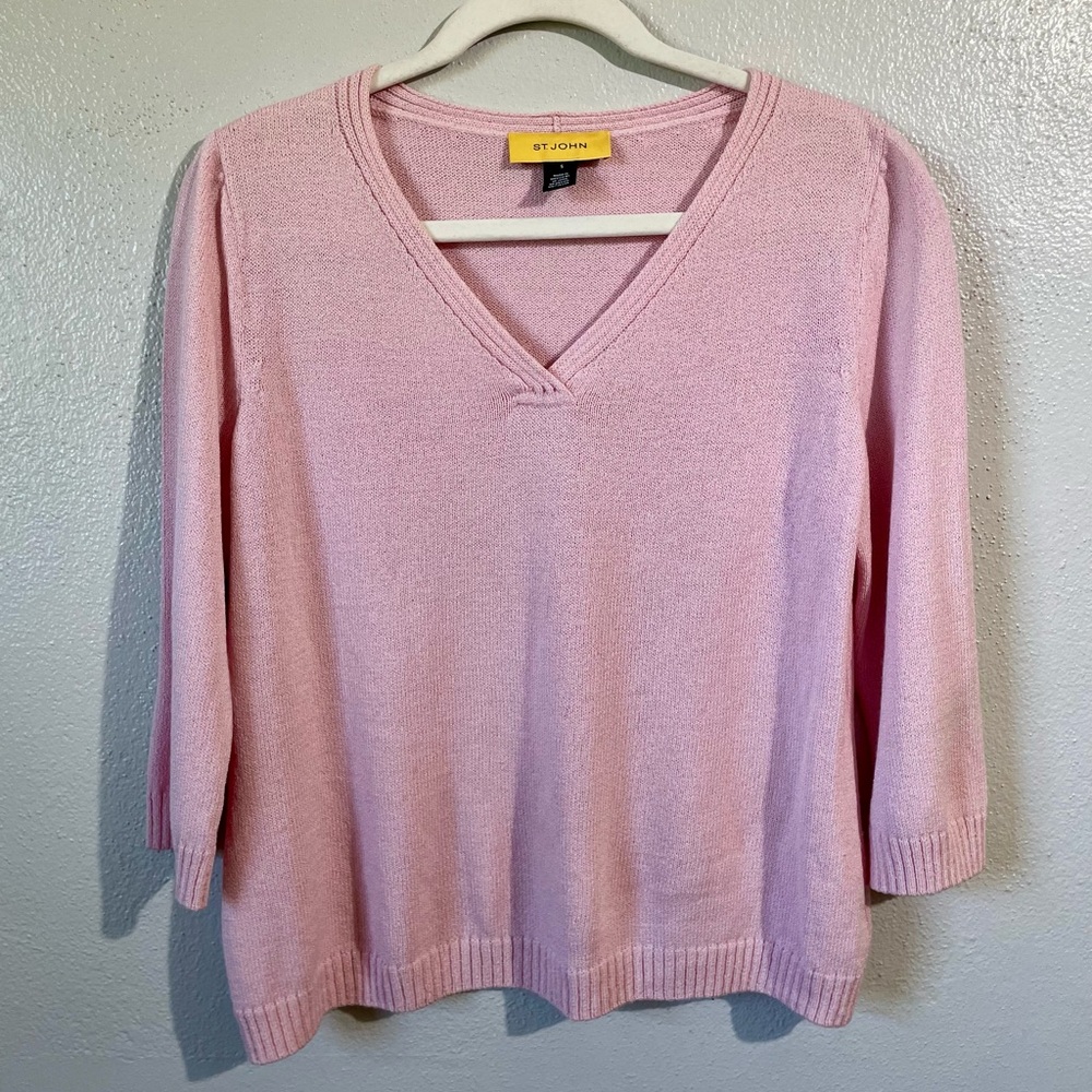 St John Santana Knit Wool Blend Pink Sweater Luxe Textured Layering Minimalist